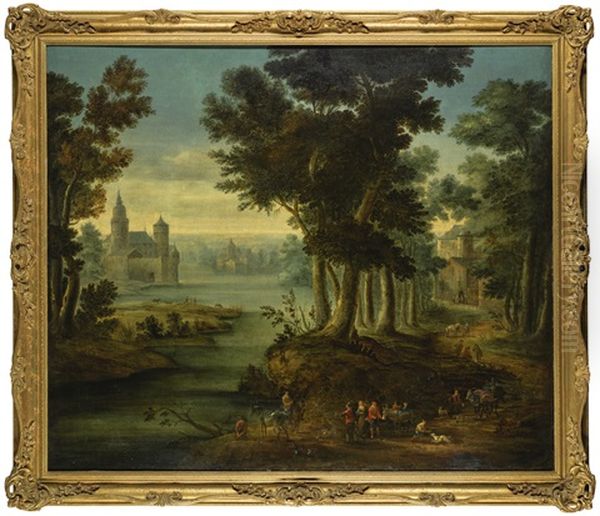 Wooded River Landscape With Figures On Their Way To Market, A Town Beyond - view 1