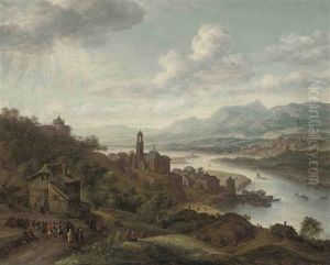 A Rhenish River Landscape With Peasants Dancing Before An Inn, A Village With A Church And Shipping Beyond