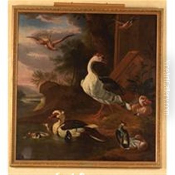 Oies, Canard De Barbarie, Vanneau Huppe Et Autres Oiseaux Dans Un Paysage De Riviere - view 1