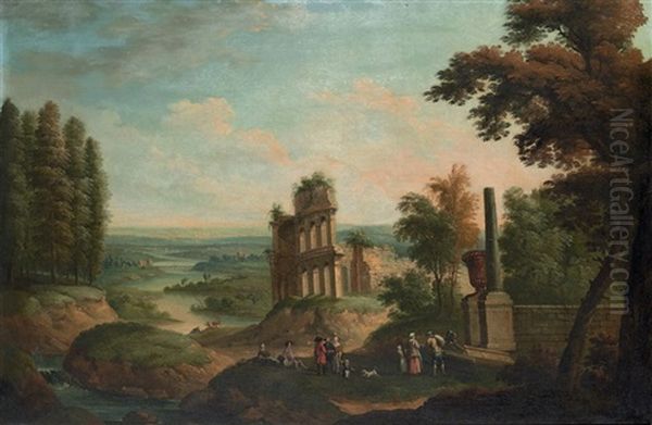 A River Landscape With Elegant Company By Classical Ruins - view 1