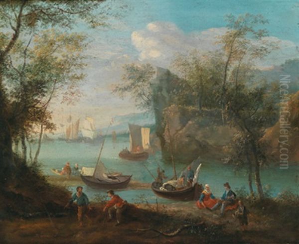 Gebirgige Flusslandschaft Mit Booten Und Figuren - view 1