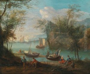 Gebirgige Flusslandschaft Mit Booten Und Figuren by Robert Griffier