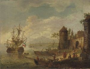 A Coastal Landscape With A Sailing Vessel by Robert Griffier