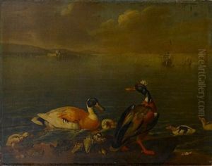 A View Of An Estuary (medway?) With Upnor Castle In The Distance, An English Man O'war And Other Vessels At Sea, In The Foreground A Family Of Ducks by Robert Griffier