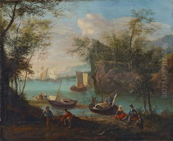 Bewaldete Flusslandschaft Mit Segelschiffen Und Fischern - view 1