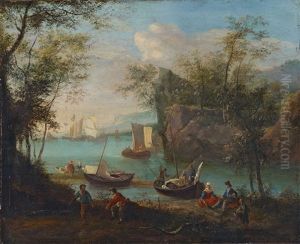 Bewaldete Flusslandschaft Mit Segelschiffen Und Fischern Bewaldete Flusslandschaft Mit Segelschiffen Und Fischern