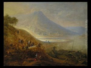 Flusslandschaft Mit Gebirgigen Ufern Und Fernblick Auf Eine Stadt
