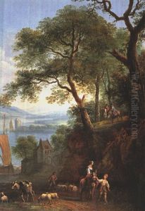 Flusslandschaft Mit Burgen, Schiffen Und Fahre Sowie Hirten Und Reitern by Robert Griffier
