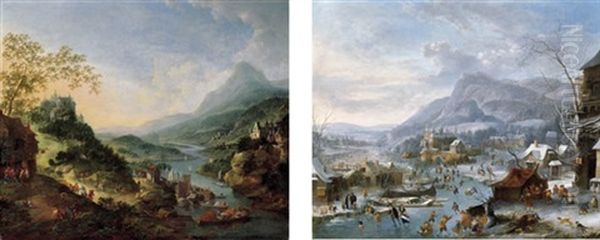 Summer: An Extensive Rhenish Landscape With Boats At A Quayside And Peasants By An Inn (+ Winter: A Frozen Winter Landscape With Peasants; Pair) - view 1
