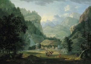 Hochgebirgslandschaft Mit Rastenden Reitern Und Maultieren