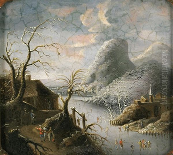 Gebirgige Winterlandschaft Und Blick Auf Ein Dorf Und Schlittschuhlaufer - view 1