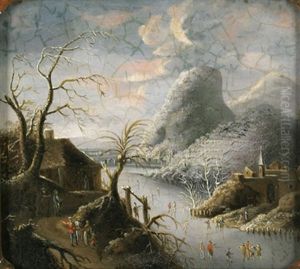 Gebirgige Winterlandschaft Und Blick Auf Ein Dorf Und Schlittschuhlaufer by Robert Griffier