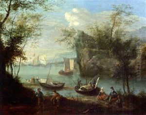 A Wooded River Landscape With Sailing Boats And Fishermen With Their Nets In The Foreground by Robert Griffier