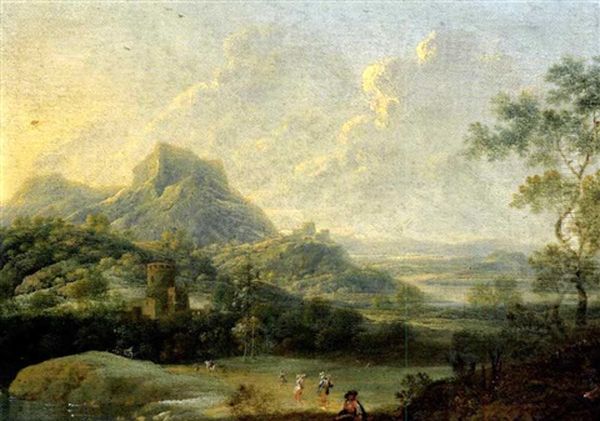Gebirgige Flusslandschaft Mit Einer Turmruine Und Figuren - view 1