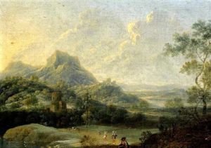 Gebirgige Flusslandschaft Mit Einer Turmruine Und Figuren