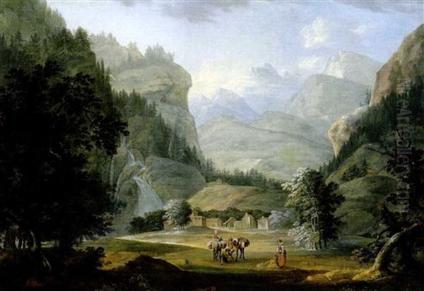 Hochgebirgslandschaft Mit Rastenden Bauern Und Maultieren - view 1