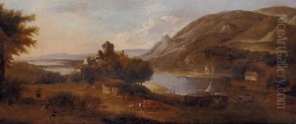 An Extensive River Landscape With A Barge, Figures, And Livestock And A Ruined Castle - view 1