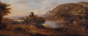 An Extensive River Landscape With A Barge, Figures, And Livestock And A Ruined Castle