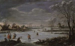 Winterlandschaft Mit Zugefrorenem Kanal Und Eislaufern by Robert Griffier