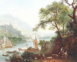 Ideale Fluslandschaft Mit Schiffen Und Hirten Am Ufer
