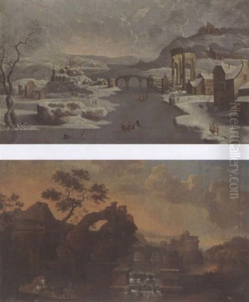 A Winter Landscape With A Figure Skating On The Ice And Other Figures In The Snow Near A Village - view 1