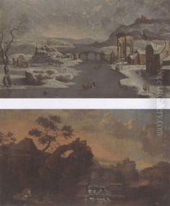 A Winter Landscape With A Figure Skating On The Ice And Other Figures In The Snow Near A Village