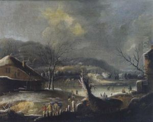 Winterlandschaft Mit Eislaufern Auf Einem Zugefrorenen Gewasser