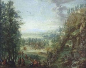 Gebirgige Landschaft Mit Einem Sturzbach Und Vielen Figuren
