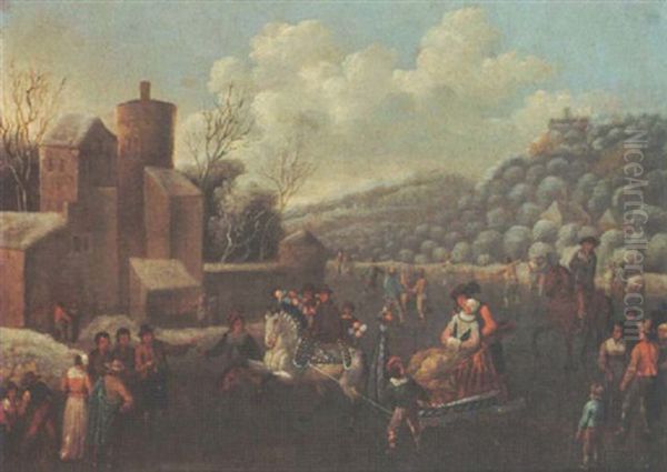 A Winter Landscape With An Elegant Couple Sleigh Riding And Other Figures Skating Near A Fortification - view 1