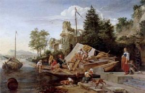 Rheinlandschaft Mit Korbflechtern Auf Einem Boot by Robert Griffier