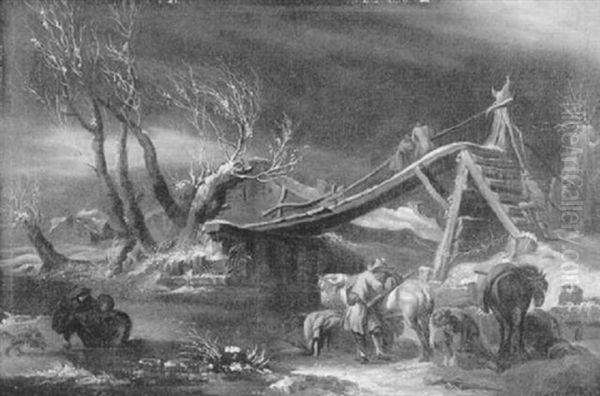 Bauern Auf Einer Holzbrucke In Einer Verschneiten Winterlandschaft - view 1