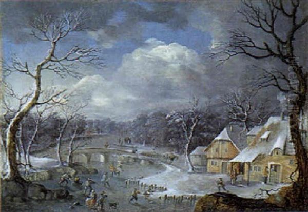 Eisvergnugen Auf Einem Zugefrorenem Wasserlauf Vor Einem Flandrischen Dorf - view 1