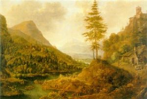 An Extensive Rhenish River Landscape With Villages In The Mountains And Figures by Robert Griffier