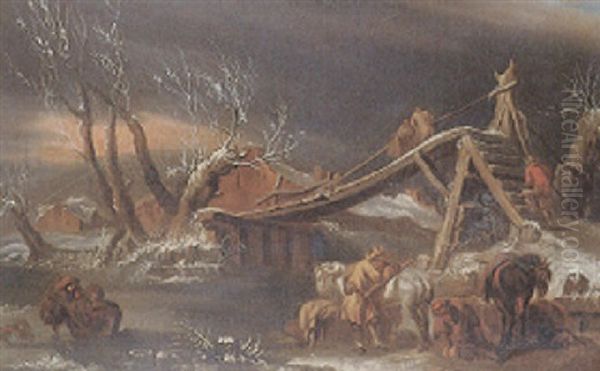 Winterliche Fluslandschaft Mit Holzerner Brucke Und Zugefrorenem Fluslauf - view 1