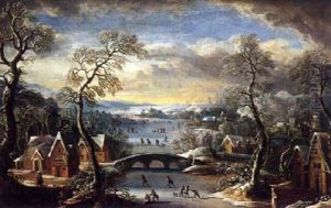Village Fluvial Sous La Neige Avec Villageois S'adonnant Aux Joies Du Patinage