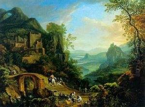 Paysage De Montagne Avec Des Ruines Et Des Voyageurs Sur Un Pont