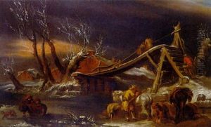 Winterliche Fluslandschaft Mit Holzener Brucke Und Zugefrorenem Fluslauf