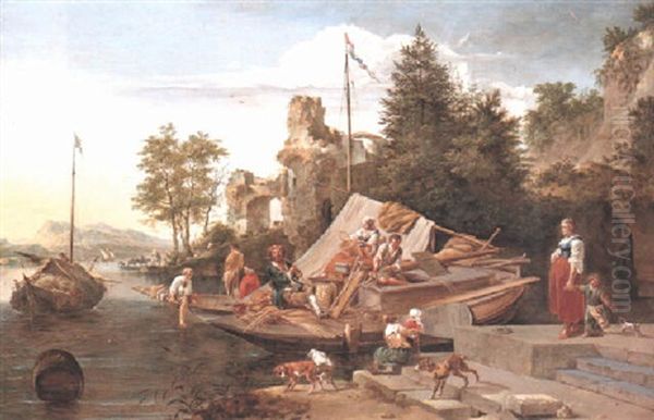 Rhenish River Landscape With Basket Weavers On A Moored Boat - view 1