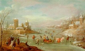 Horse-drawn Sleigh And Skaters On A Frozen River By A Village by Robert Griffier