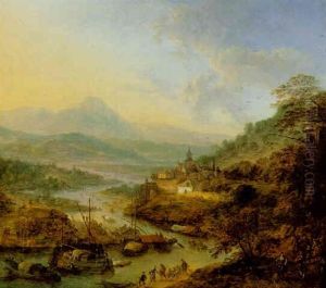 Mountainous Rhenish Landscape With Figures Boating, Others Walking Beside The River, A Town Beyond by Robert Griffier