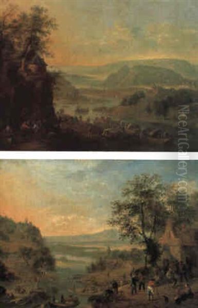Extensive Rhenish Landscapes With Barges Unloading And Peasants On A Track - view 1