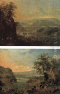 Extensive Rhenish Landscapes With Barges Unloading And Peasants On A Track by Robert Griffier