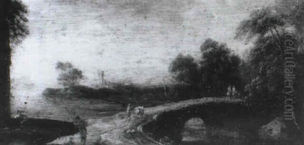 A Wooded Landscape With A Traveller And Horse Crossing A Bridge - view 1