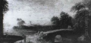 A Wooded Landscape With A Traveller And Horse Crossing A Bridge A Wooded Landscape With A Traveller And Horse Crossing A Bridge