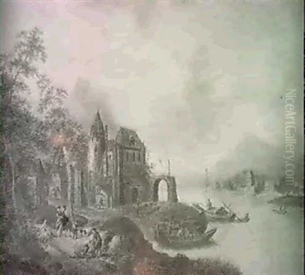 An Extensive Rhenish Landscapewith Boats Moored By A Hamlet And Children On A Path In The Foreground - view 1
