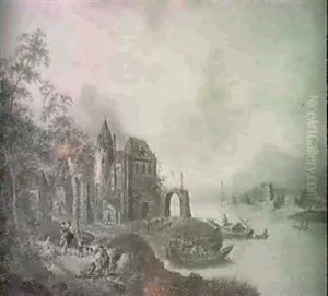 An Extensive Rhenish Landscapewith Boats Moored By A Hamlet And Children On A Path In The Foreground
