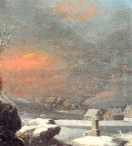Winterlandschaft Mit Einem Bildstock, Dahinter Ein Dorf
