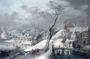 Gebirgige Winterlandschaft Mit Einem Verschneiten Dorf, Pferdeschlitten Und Eislaufern by Robert Griffier