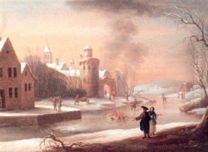 Winterlandschat Mit Eislaufern Vor Den Toren Einer Stadt