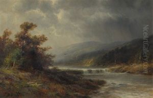 Stormy Day On The Delaware, An Overcast Day River Scene With Rapids by Thomas Bailey Griffin
